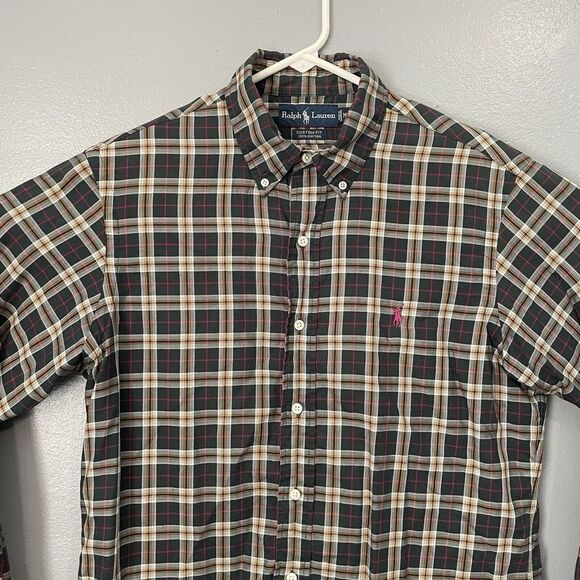 Ralph Lauren Casual Shirt Men Medium Button Down Blue Plaid Pink Pony Custom Fit - Picture 2 of 10
